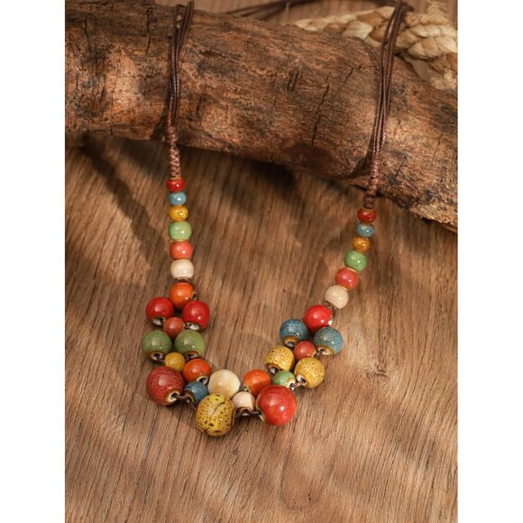 Hippie Boho Colorful Ceramic Round Beads Strand Necklace, Bohemian Fashion State - Picture 4 of 7
